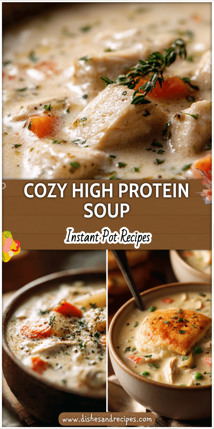 Creamy bowl of high protein chicken pot pie soup topped with herbs under cozy fall lighting for Clean Soups Recipes.